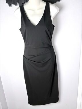 Nicole Miller Black V-Neck Ruched Waist Midi Sleeveless Sheath Dress Size 6